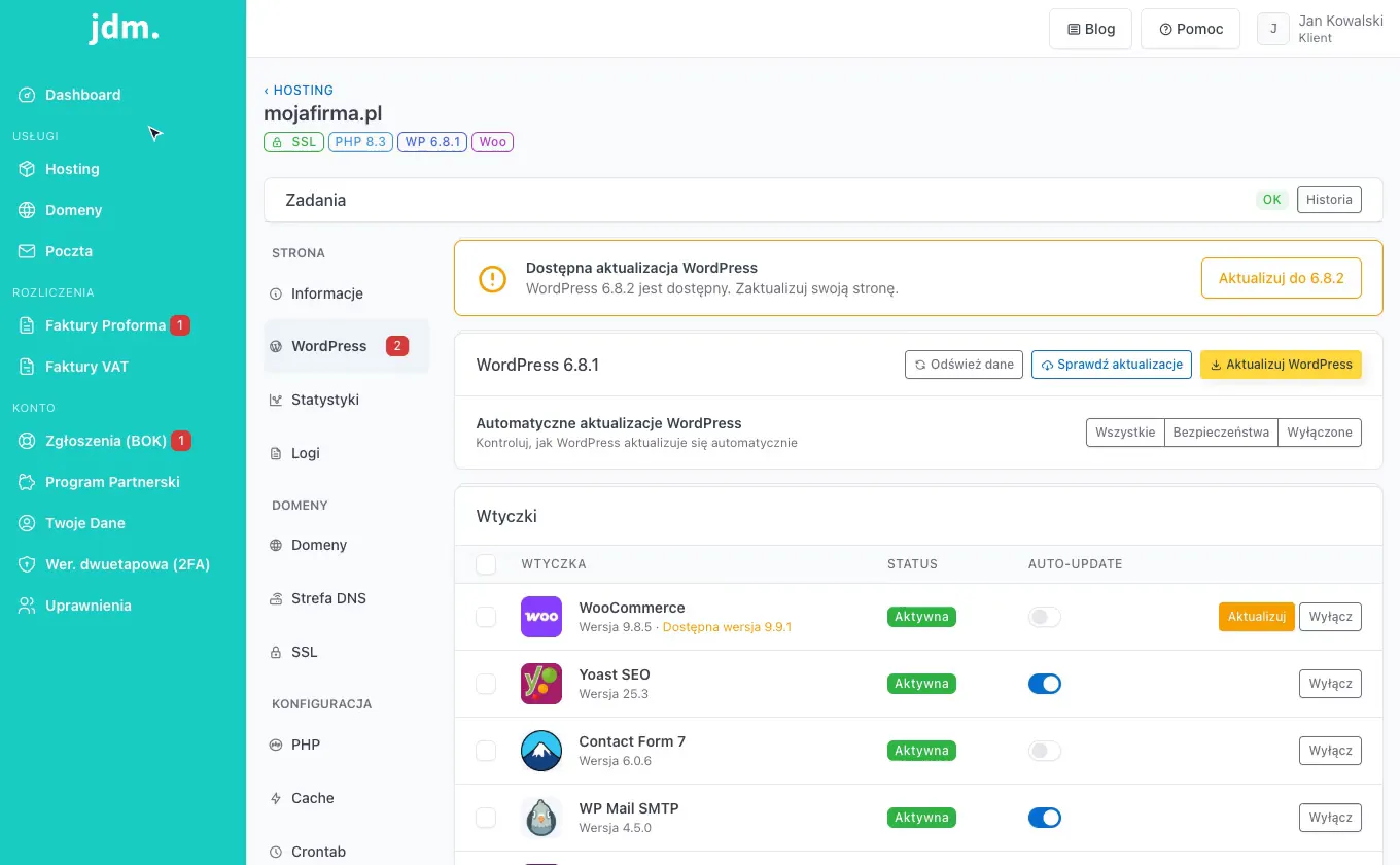 Widok zarządzania stroną WordPress w panelu klienta jdm.pl: wtyczki, motywy i aktualizacje